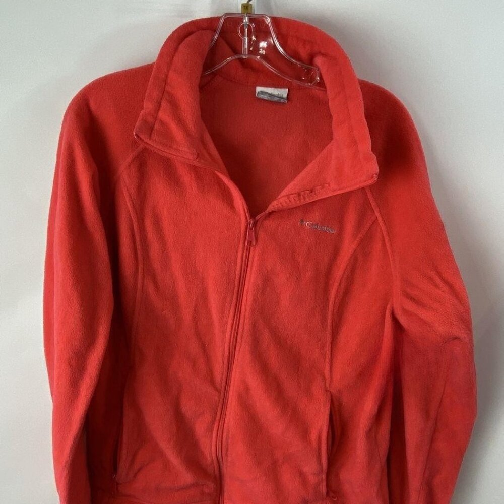 Columbia Womens Orange Fleece Jacket Full Zip Up Pockets Mock Neck ~ Size XL